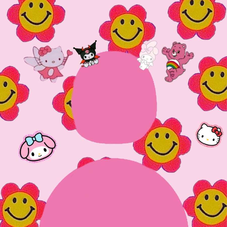 Pink fabric with smiling flowers and cartoon characters like Hello Kitty and Care Bear. — Indie Pfp Wallpaper