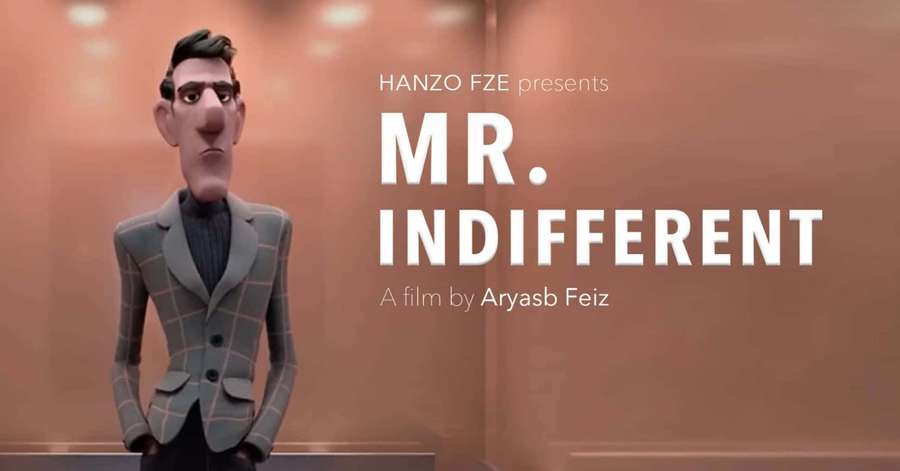 Animated character in suit standing beside film title text in hallway. — Indifferent Wallpaper