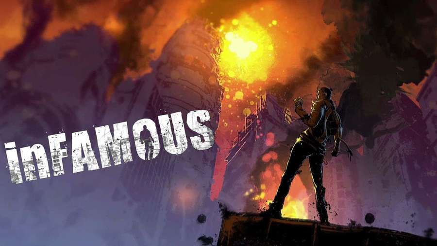 A lone figure on a rooftop watches a massive explosion in a cityscape at night. — Infamous Wallpaper