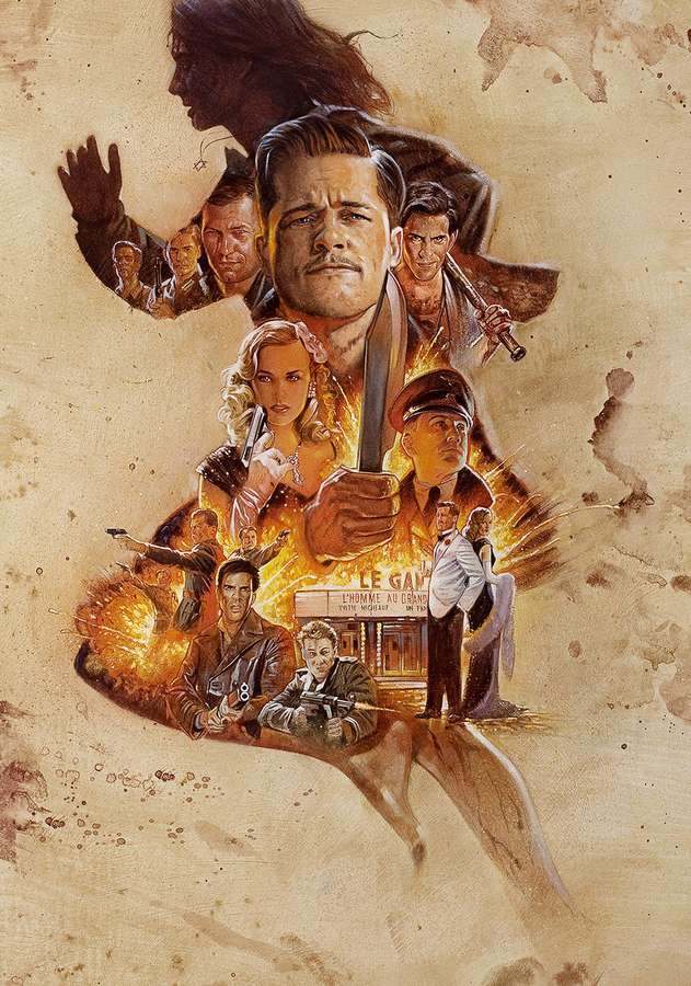 Illustrated movie poster with characters in action scenes and fiery explosions. — Inglourious Basterds Wallpaper