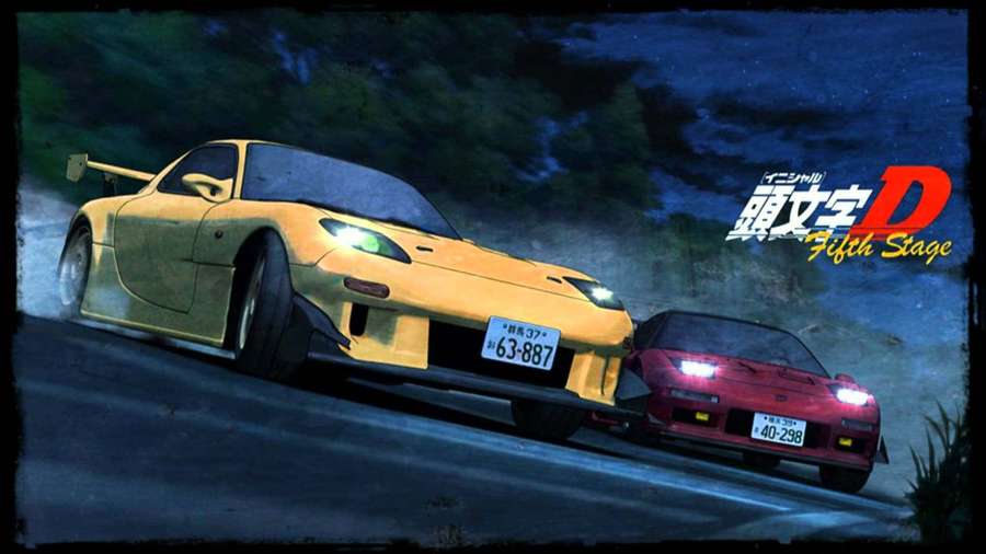 Two anime-style drift cars racing at night on a wet road with glowing headlights. — Initial D Background