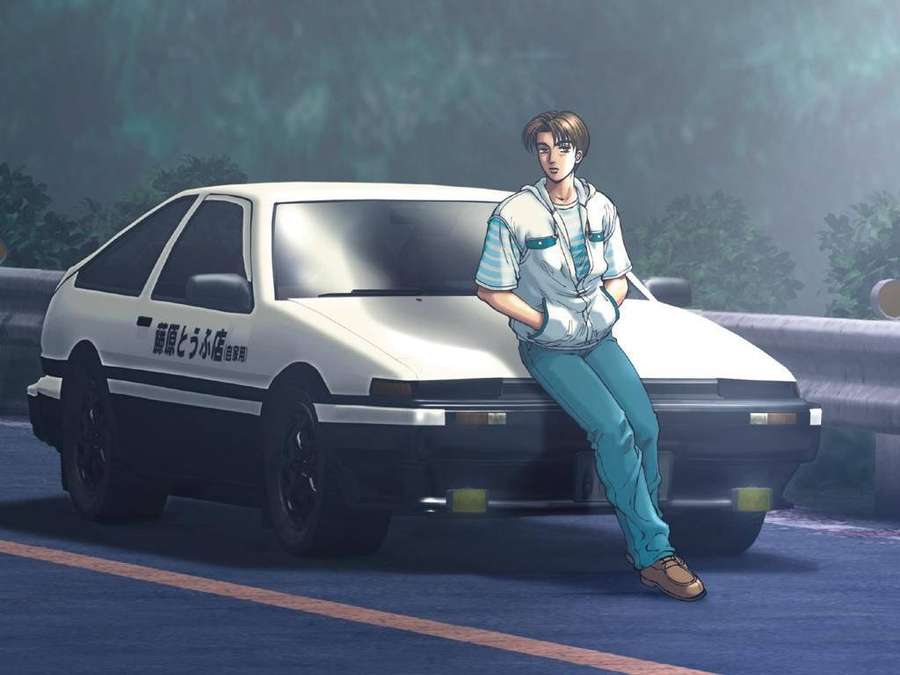 Anime teen leaning on white AE86 sports car on misty roadside at dusk. — Initial D Wallpaper