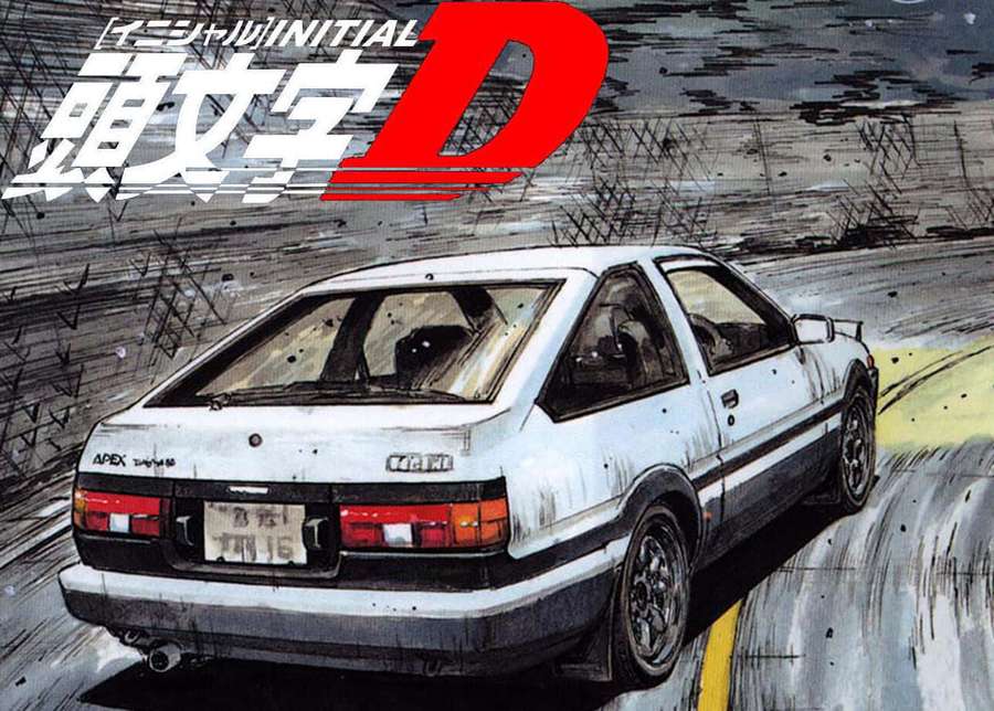 White AE86 drifts on wet road in Initial D anime style. — Initial D Picture