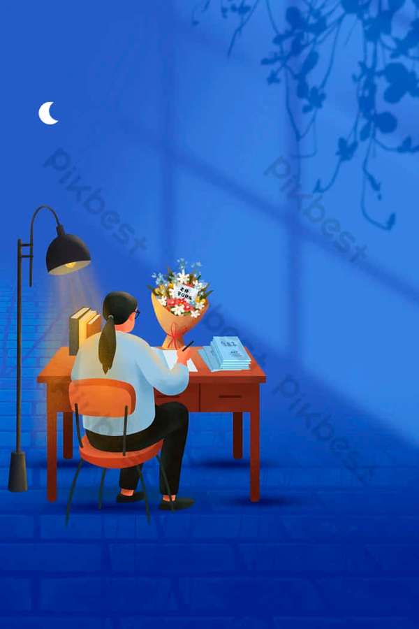 Persona estudiando de noche en un escritorio con lámpara y flores. — Inolvidable Fondos de pantalla