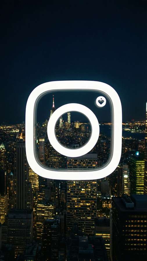Urban wallpaper with white Instagram logo over a city nightscape with lights. — Instagram White Picture
