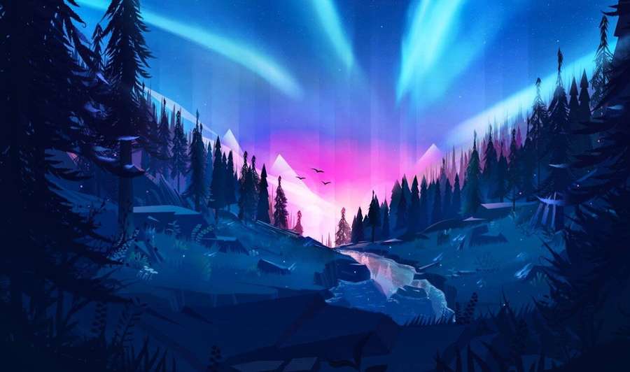 Aurora borealis illuminates a snowy forest valley with pine trees and mountains at night. — Interactive Picture