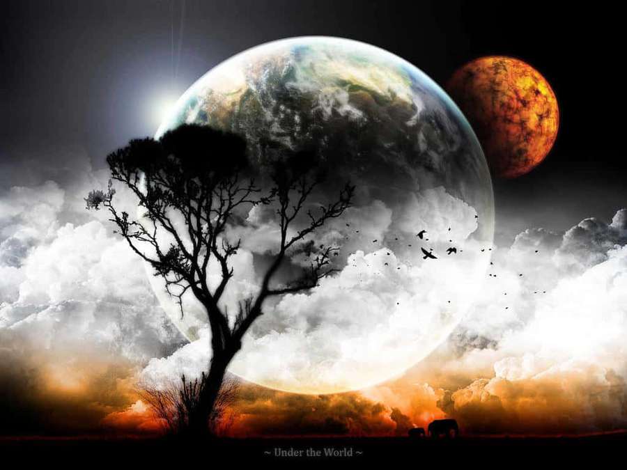 A lone tree silhouette against a planet and orange moon in a dramatic sky. — Interesting Wallpaper