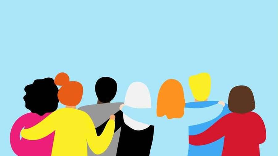 Group of diverse people holding hands in a line from behind. — Interpersonal Wallpaper