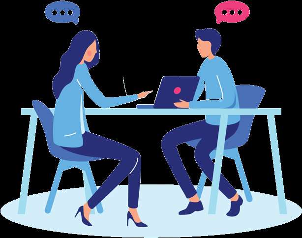 Two people in business attire collaborating over a laptop at a table. — Interview PNG