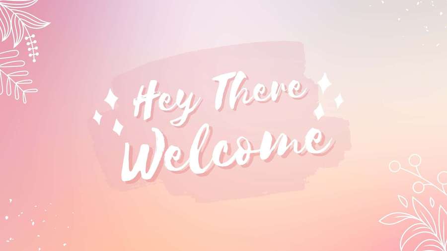 Pink gradient background with white welcome text and floral accents — Intro Background