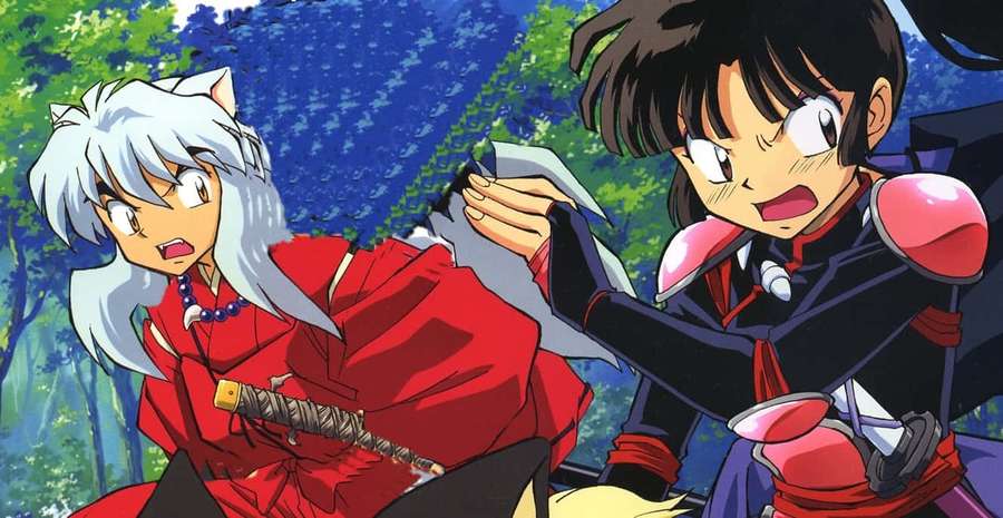 Kaksi anime-hahmoa metsässä näyttävät yllättyneiltä, toinen punaisessa kimonossa, toinen mustassa haarniskassa. — Inuyasha And Sango Taustakuvat