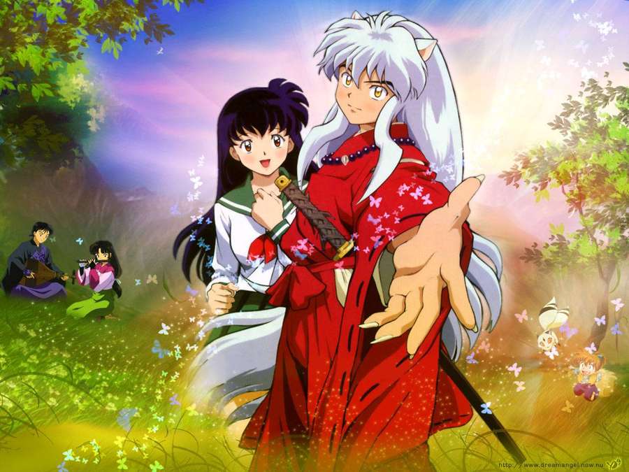Anime characters in a magical forest with butterflies and soft sunlight. — Inuyasha Background