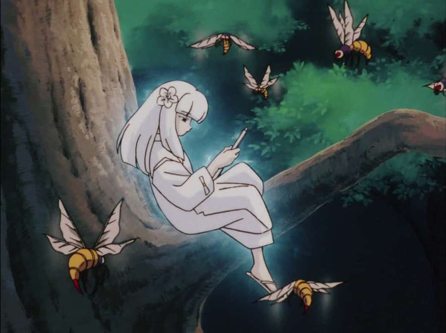 Anime girl in white robe sitting on tree branch with glowing moths around her at night. — Inuyasha Kanna Wallpaper