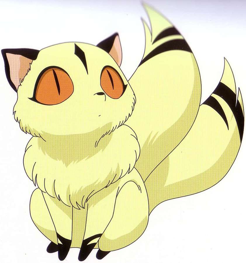Pörröinen keltainen anime-kissa, jolla on oranssit silmät ja mustat raidat, istuu pystyssä. — Inuyasha Nekomata Taustakuvat