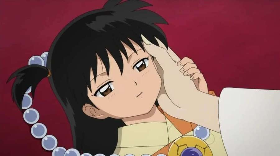 Anime girl with black pigtails and pearl necklace resting her head on a hand. — Inuyasha Rin Wallpaper
