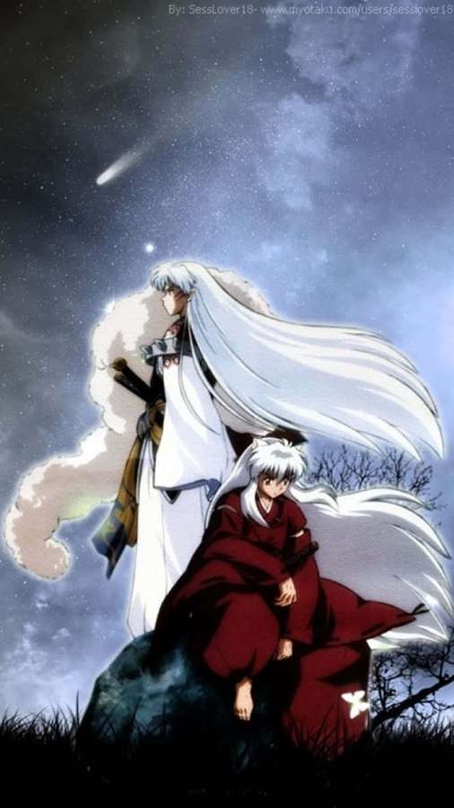 Dos personajes de anime con cabello blanco están en una colina bajo un cielo nocturno estrellado con una estrella fugaz. — Inuyasha Teléfono Fondos de pantalla