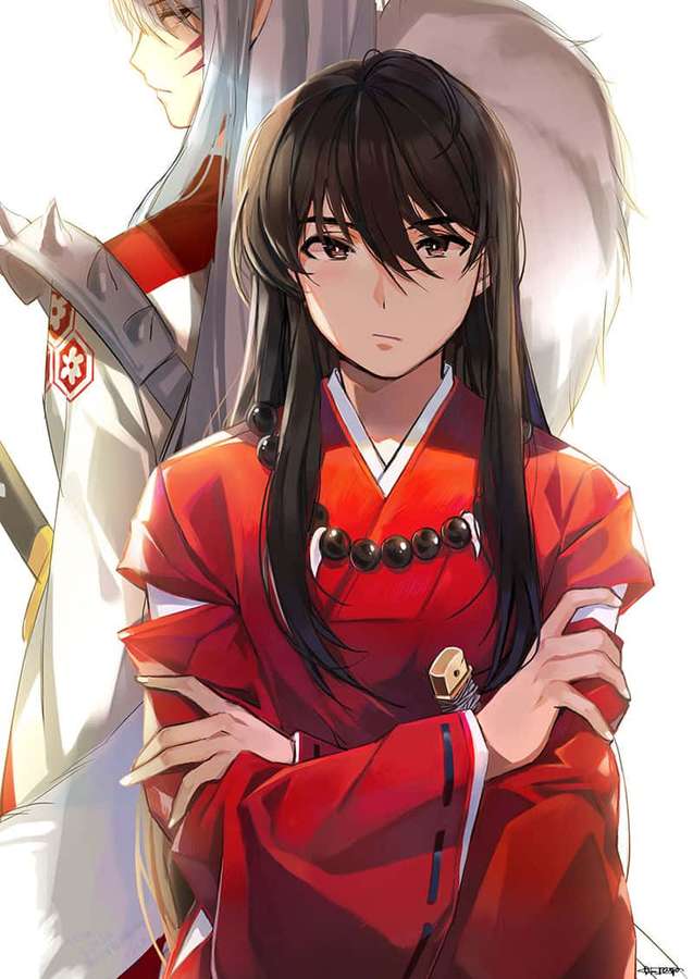 Chica anime en kimono rojo con brazos cruzados, guerrero de pelo plateado detrás de ella. — Inuyasha y Rin Fondos de pantalla