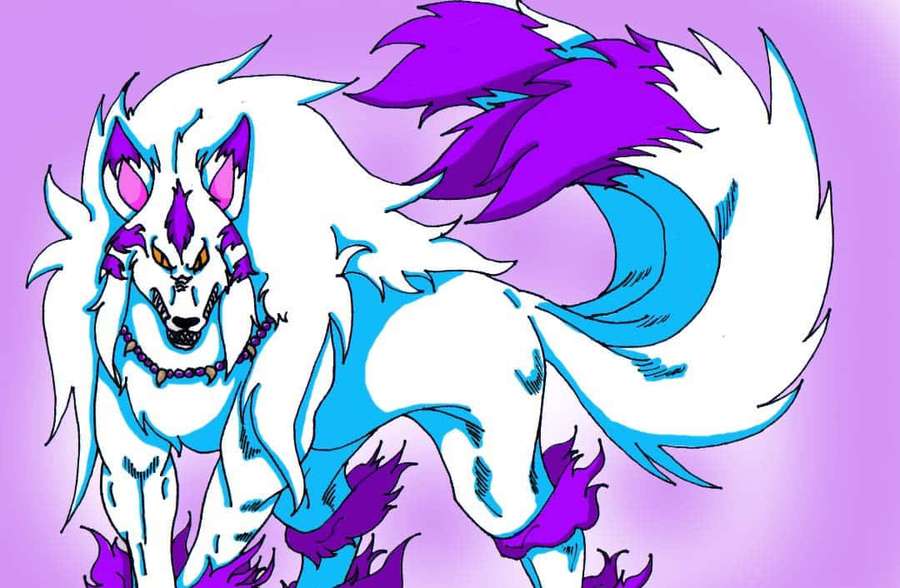A stylized white wolf with purple and blue markings in an anime illustration. — Inuyasha Yokai Wallpaper
