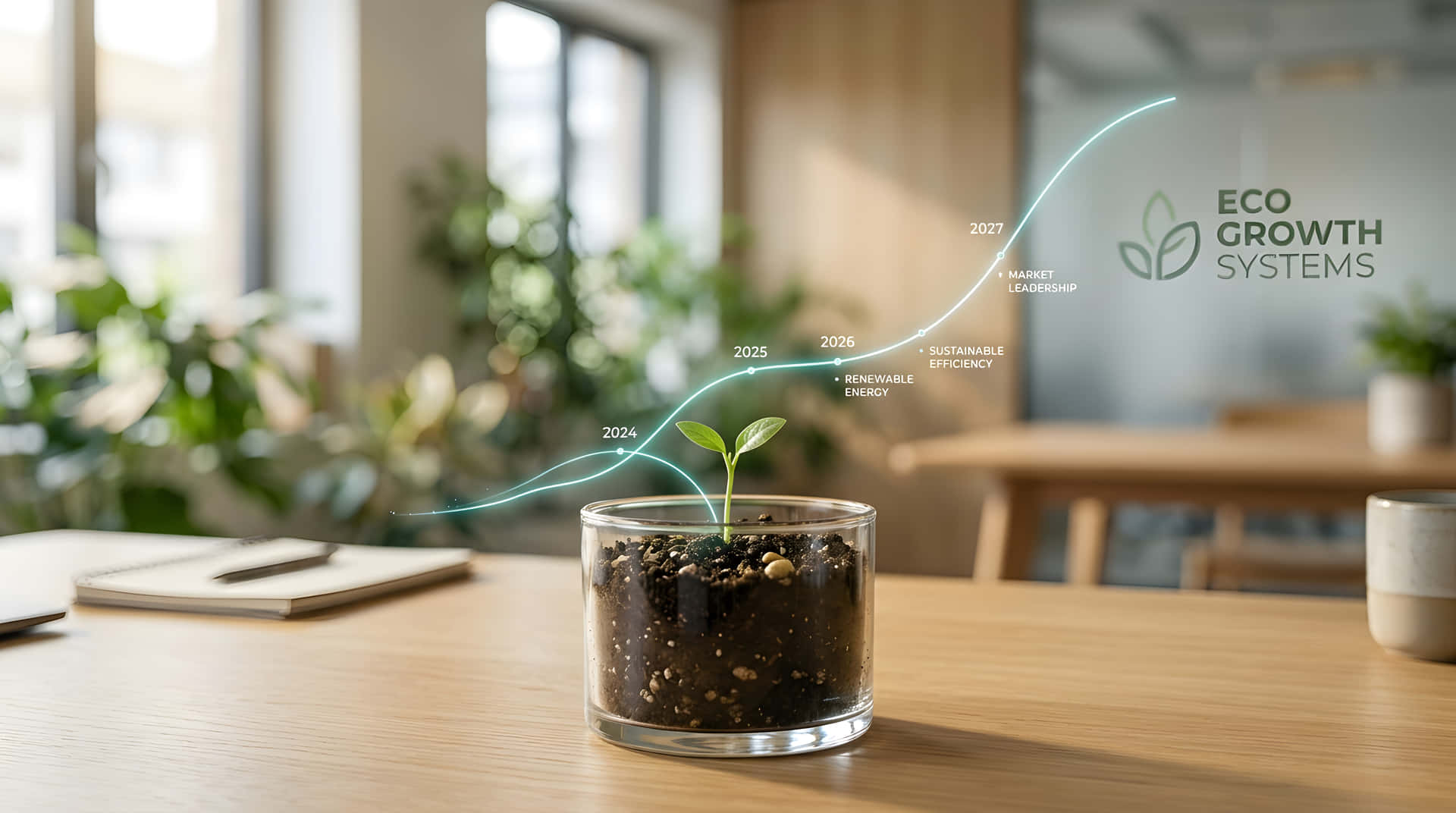 En liten planteskyte i et glass med et glødende vekstdiagram som viser eco growth systems. — Investering Bakgrunner