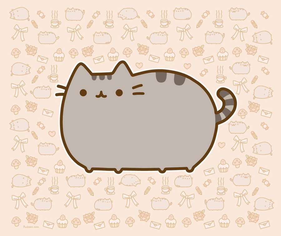 Um gato cinza de desenho animado cercado por um padrão de sobremesas e laços. — iPad fofo Papéis de Parede