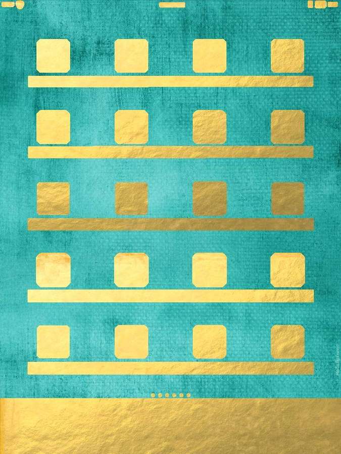 Abstract geometric pattern with gold squares and bars on teal textured background. — iPad Mini Wallpaper