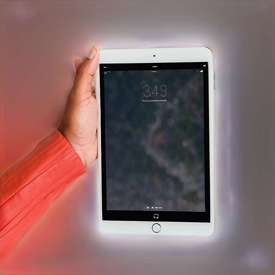 Hand holding white tablet with mountain wallpaper and glowing light effect. — iPad Mini PNG