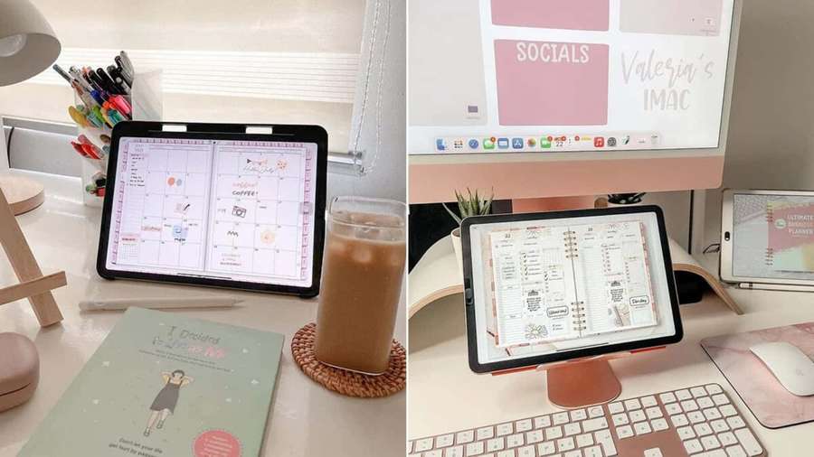 Cozy desk with planner tablet coffee and pink iMac for organizing daily tasks. — iPad Picture
