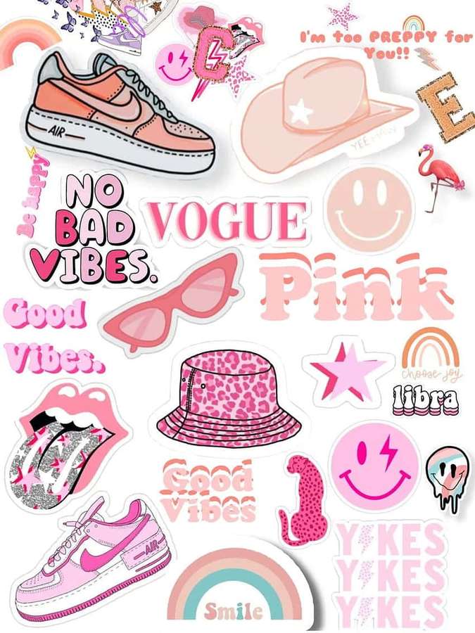 Pink sticker collection with sneakers hats sunglasses and positive phrases like Good Vibes and Vogue Pink. — iPad Preppy Wallpaper