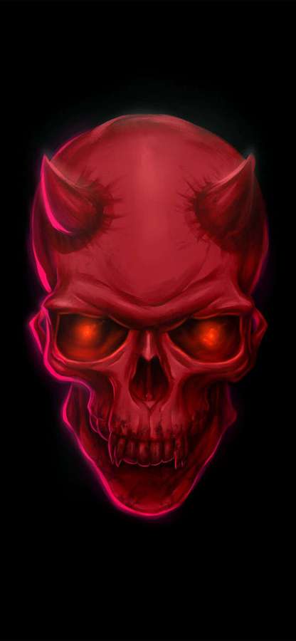Calavera demoníaca roja brillante con cuernos y ojos ardientes sobre fondo negro. — iPhone 11 Rojo Fondos de pantalla