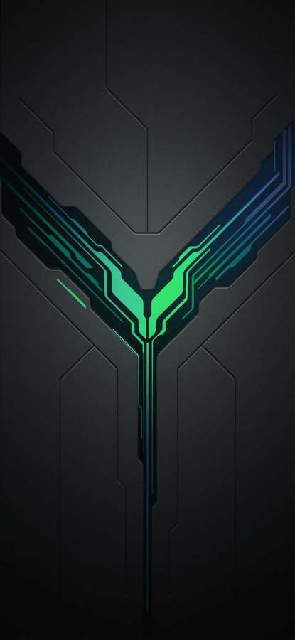 Futuristic glowing Y-shaped logo on dark armored background — iPhone 13 Mini Wallpaper