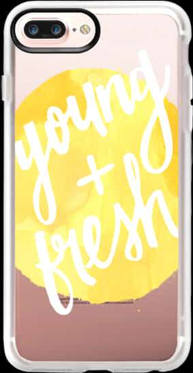Phone case with yellow watercolor circle and white cursive text reading young plus fresh. — iPhone 7 Plus Picture