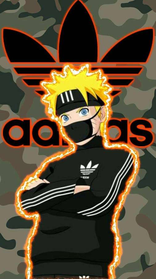 Ninja de anime em roupa preta da Adidas com aura brilhante em fundo camuflado. — iPhone Adidas Papéis de Parede