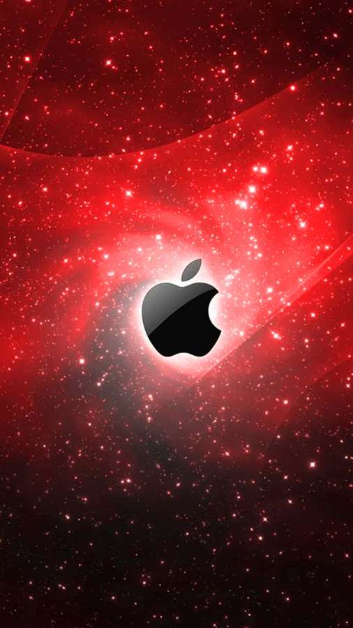 Logotipo preto da Apple centralizado em um fundo cósmico estrelado vermelho. — iPhone Apple preto Papéis de Parede