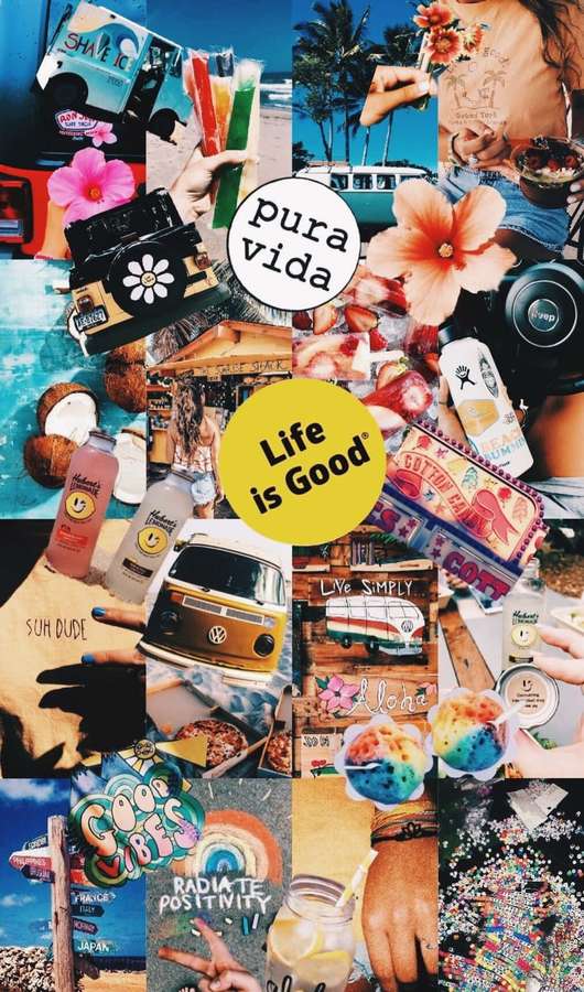 Tropical beach collage with flowers drinks and VW van promoting positivity and summer vibes. — iPhone Collage Wallpaper