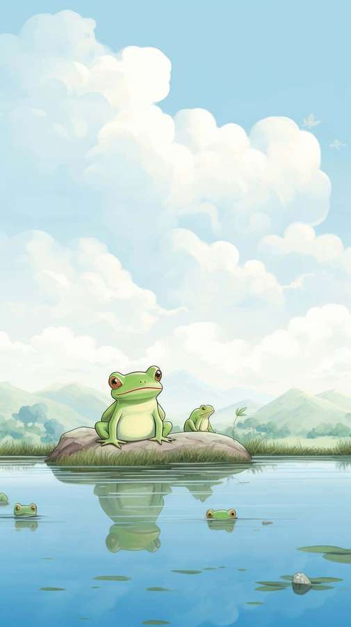 A green frog perched on a rock in a tranquil pond with mountains and clouds in the background. — iPhone Cute Frog Wallpaper
