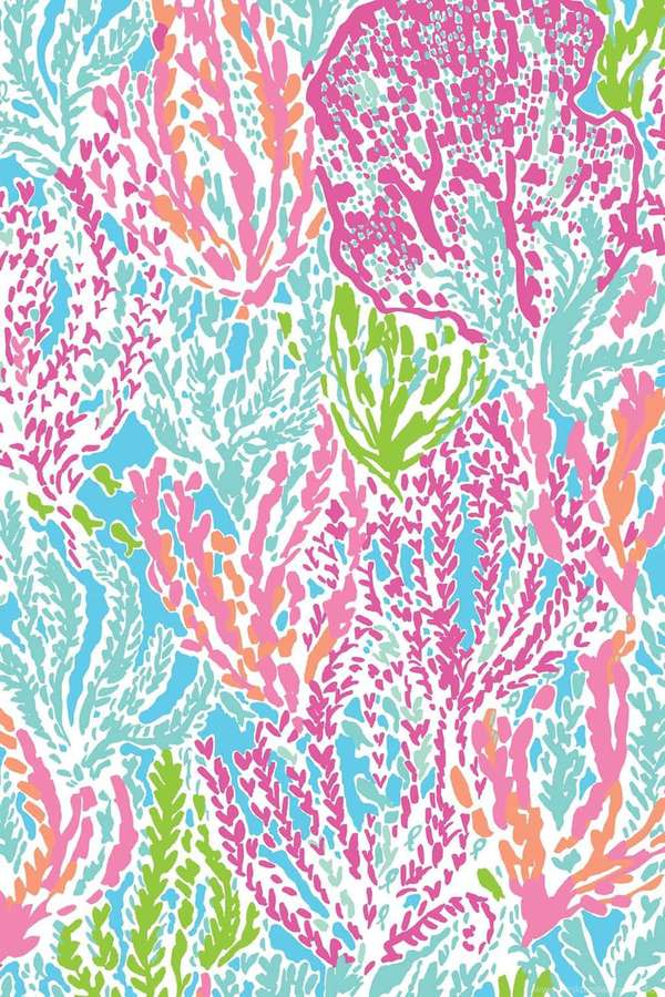 Padrão colorido de recife de coral com ramos estilizados rosa, verdes e azuis sobre fundo branco. — iPhone da Lilly Pulitzer Papéis de Parede
