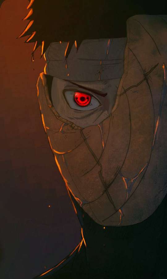 Personagem de anime com olho vermelho brilhante e máscara rachada sob iluminação quente. — iPhone de Naruto Papéis de Parede