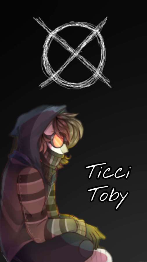 Personagem de anime Ticci Toby com olhos brilhantes e capuz sob um símbolo circular riscado. — iPhone de terror Papéis de Parede