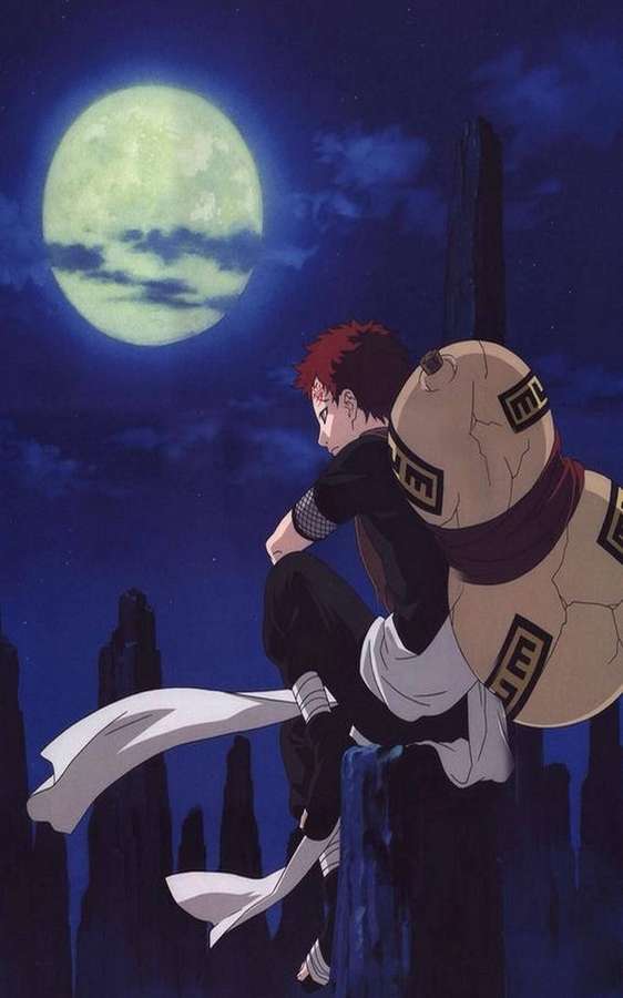 Garoto de anime ruivo com companheiro de cabeça de pedra no penhasco sob lua verde brilhante. — iPhone Go Papéis de Parede