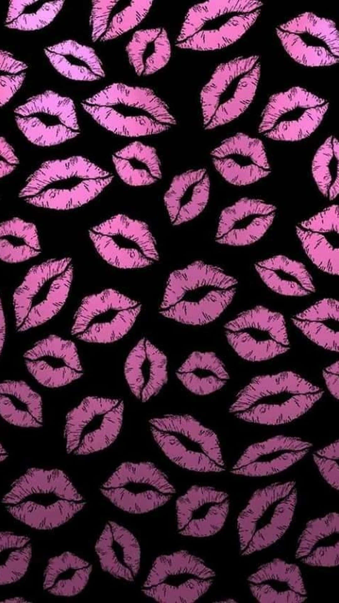 Bekas ciuman lipstik merah muda pada pola latar belakang hitam — iPhone Hitam dan Pink Wallpaper