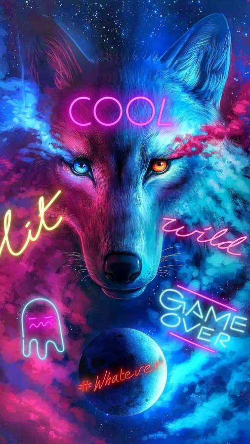 Lobo neon com olhos brilhantes no espaço cósmico com texto de game over e fantasma. — iPhone iluminado Papéis de Parede