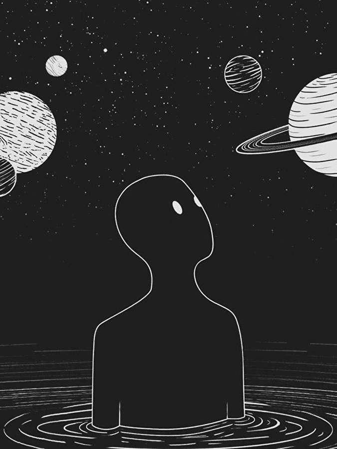 Una persona en el agua mirando planetas y estrellas en una ilustración minimalista en blanco y negro. — iPhone Negro Fondos de pantalla