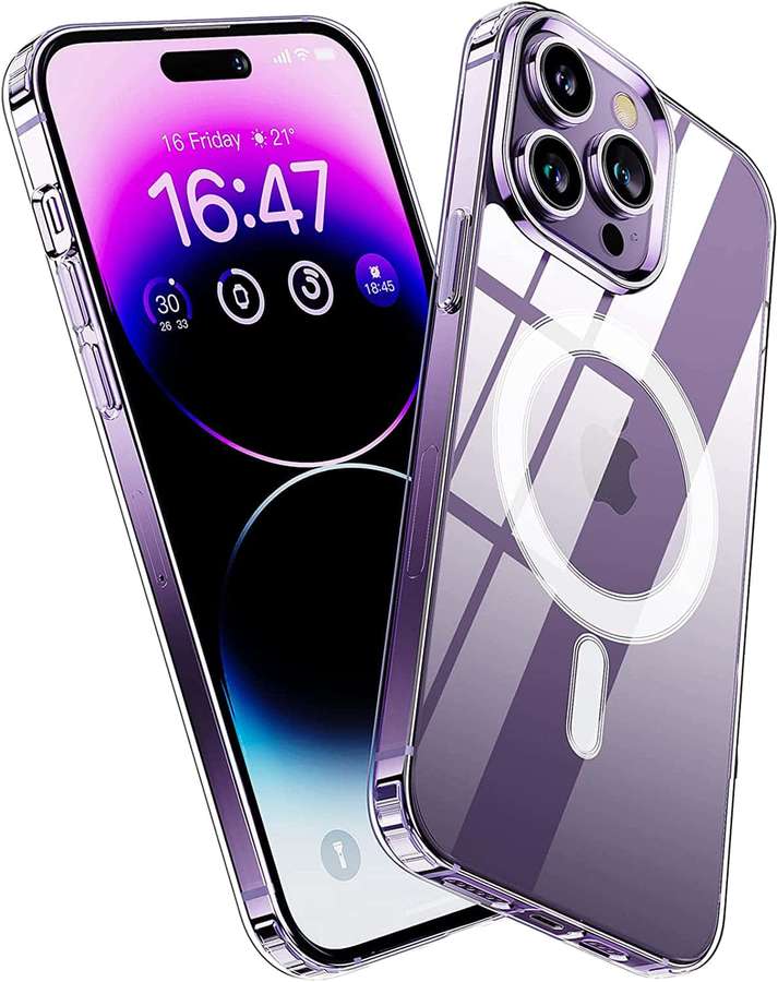 Purple iPhone 14 Pro Max with clear case showing lock screen. — iPhone Picture