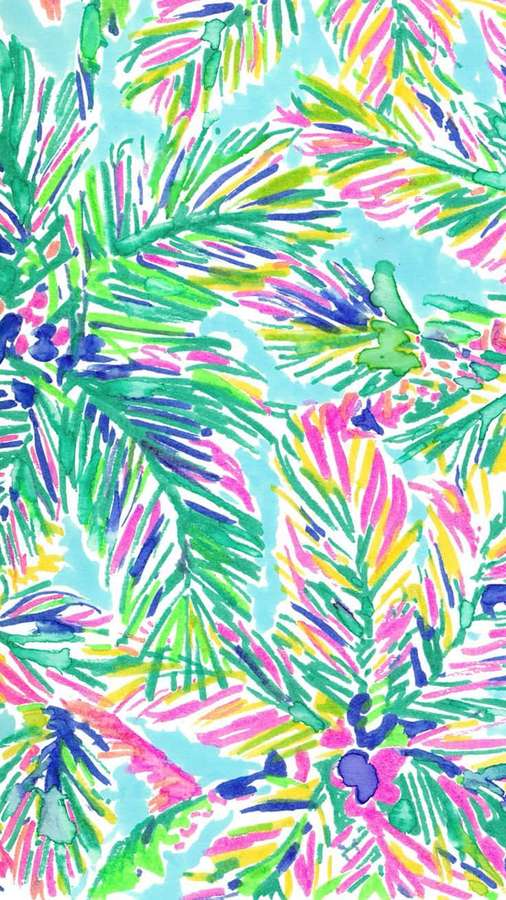 Lebendige Aquarell-Palmenblätter in Grün, Pink und Blau auf hellblauem Hintergrund. — iPhone Preppy Wallpaper