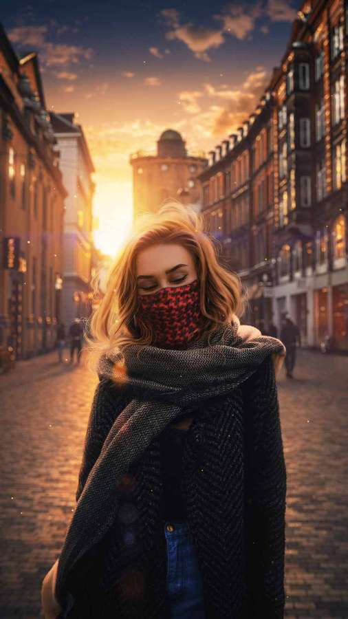 Kvinne i ansiktsmaske og skjerf på en bygate ved gyllen solnedgang. — iPhone Reise Bakgrunner
