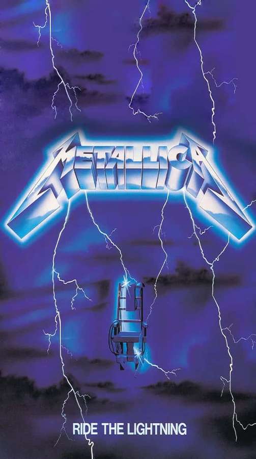Capa do álbum Metallica com relâmpagos e cadeira elétrica sob um céu tempestuoso. — iPhone Relâmpago Papéis de Parede