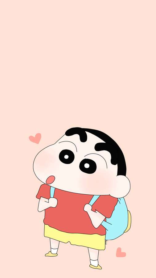 Crayon Shinchan vestindo camisa vermelha e shorts amarelos com uma mochila azul e corações flutuantes. — iPhone Shin Chan Papéis de Parede