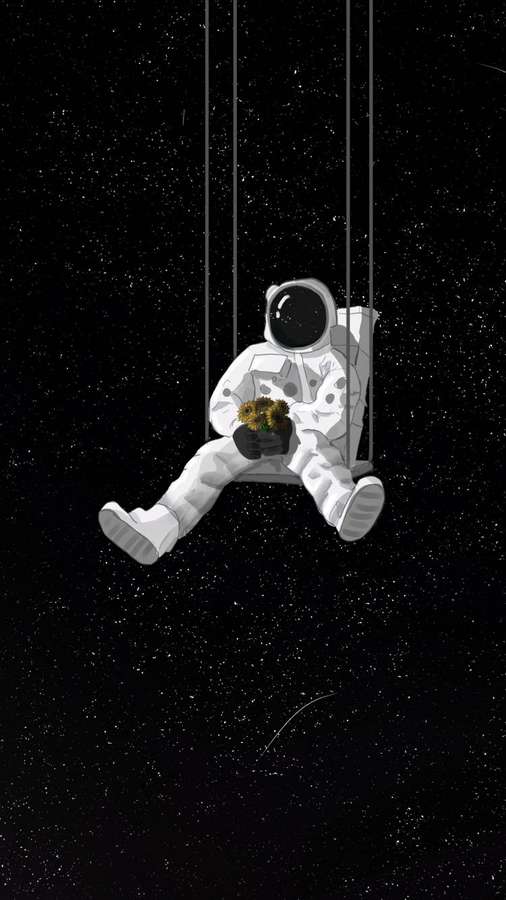 Astronautti keinussa avaruudessa pitäen ruukkukasvia tähtitaustaa vasten. — iPhone-tumma Taustakuvat