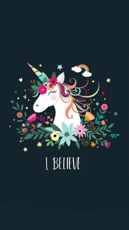 En farverig enhjørning omgivet af blomster og stjerner med teksten I BELIEVE. — iPhone Unicorn Wallpapers
