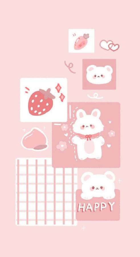 Ursos de desenho animado fofos, morangos e corações em um fundo rosa. — iPhone Urso Papéis de Parede